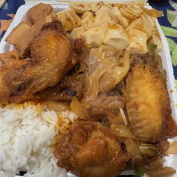 3 item combo. 1/2 rice 1/2 chow fun, wings, stewed pork w hard boiled egg, mapo tofu.