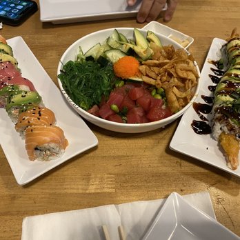 NDMK Fish House - Rainbow roll, tuna poke bowl, and rattlesnake roll. - Sushi Bars Near Me - Avalon, California