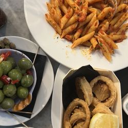 Sicilian nocellara olives (v), Calamari fritti and Penne all'arrabbiata (vg)