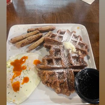 Brunch Room Bistro - Bread budding French toast with turkey sausage and over easy eggs. - Breakfast & Brunch Near Me - Forney, Texas Brunch Room Bistro - Bread budding French toast with turkey sausage and over easy eggs. - Breakfast & Brunch Near Me - Forney, Texas
