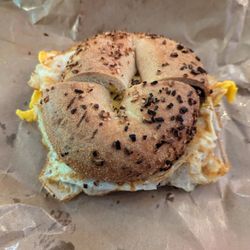 Turkey sausage egg and cheese on onion bagel