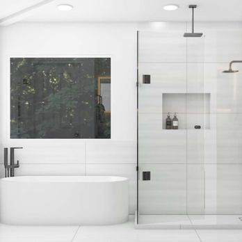 Mega Remodeling Solutions - a white bathroom with a glass shower - Roofing Near Me Mega Remodeling Solutions - a white bathroom with a glass shower - Roofing Near Me