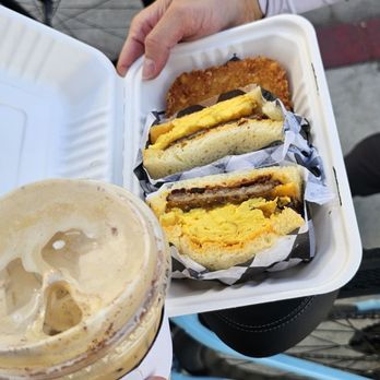 The Latte Shop - TLS Latte and everything sandwich - sausage, egg sandwich with their bomb hashbrown!!! - Cafes Near Me - Los Angeles, California The Latte Shop - TLS Latte and everything sandwich - sausage, egg sandwich with their bomb hashbrown!!! - Cafes Near Me - Los Angeles, California