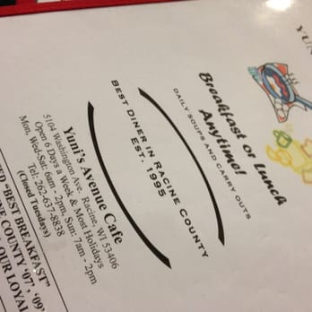 Yuni's Avenue Cafe - Menu cover with contact info & hours - Sandwiches Near Me - Racine, Wisconsin