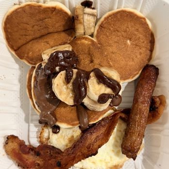Cafe De Olla - Deli Kids - mini pancakes w/ 1 sausage, over medium egg, banana with Nutella ($11.95) - American Near Me - Burbank, California Cafe De Olla - Deli Kids - mini pancakes w/ 1 sausage, over medium egg, banana with Nutella ($11.95) - American Near Me - Burbank, California