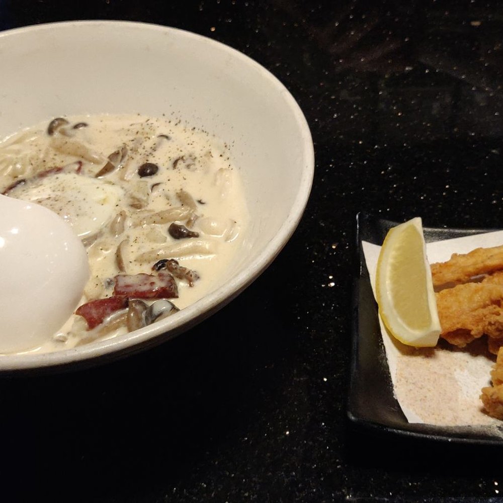 Okan Diner - Carbonara Udon and chicken cartilage (Nankotsu Karaage) - Noodles Near Me - San Diego, California Okan Diner - Carbonara Udon and chicken cartilage (Nankotsu Karaage) - Noodles Near Me - San Diego, California