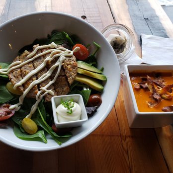 The Exchange Coffee, Mercantile, & Eatery - Walnut burger salad and tomato soup. - Coffee & Tea Near Me - De Pere, Wisconsin The Exchange Coffee, Mercantile, & Eatery - Walnut burger salad and tomato soup. - Coffee & Tea Near Me - De Pere, Wisconsin