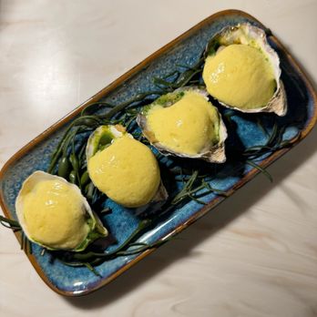 Alora - Broiled Oyster - Kusshi oyster, pancetta-marmalade, spinach cream, lemon-prosecco sabayon - Mediterranean Near Me - San Francisco, California Alora - Broiled Oyster - Kusshi oyster, pancetta-marmalade, spinach cream, lemon-prosecco sabayon - Mediterranean Near Me - San Francisco, California