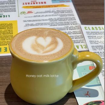 Snooze, an A.M. Eatery - Honey Oat Milk Latte - Breakfast & Brunch Near Me - Orange, California Snooze, an A.M. Eatery - Honey Oat Milk Latte - Breakfast & Brunch Near Me - Orange, California