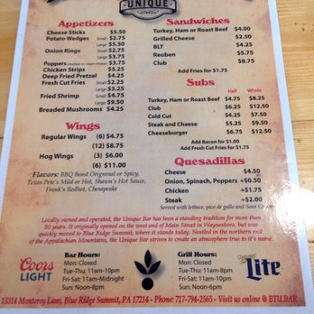 Unique Bar and Grill - Menu page 11 - Sports Bars Near Me - Blue Ridge Summit, Pennsylvania Unique Bar and Grill - Menu page 11 - Sports Bars Near Me - Blue Ridge Summit, Pennsylvania
