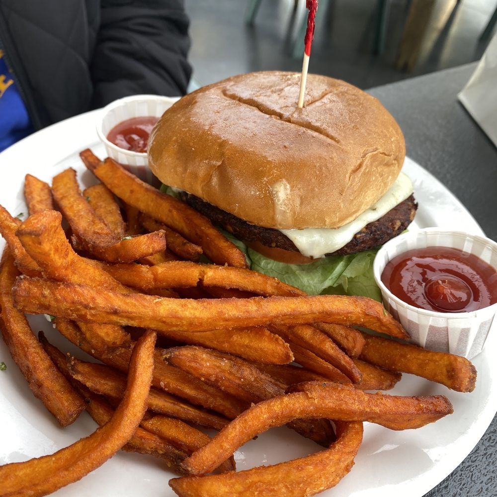 The Ramp Restaurant - Black Bean Burger with Sweet Potato Fries - American Near Me - San Francisco, California The Ramp Restaurant - Black Bean Burger with Sweet Potato Fries - American Near Me - San Francisco, California