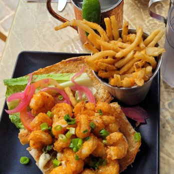 Down the Hatch Maui - Shrimp Po'Boy with shoestring fries and Moscow Mule - Seafood Near Me - Lahaina, Hawaii Down the Hatch Maui - Shrimp Po'Boy with shoestring fries and Moscow Mule - Seafood Near Me - Lahaina, Hawaii