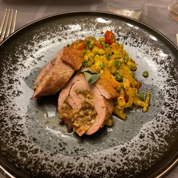 Double Oaks Bed & Breakfast - Private dinner at Double Oaks - Entree: stuffed pork tenderloin with bourbon maple glaze and corn, tomato, & English pea succotash - Bed & Breakfast Near Me - Greensboro, North Carolina
