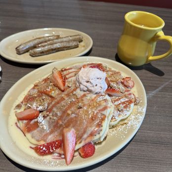 Snooze, an A.M. Eatery - Strawberry shortcake pancakes, link sausage and coffee - Breakfast & Brunch Near Me - Houston, Texas Snooze, an A.M. Eatery - Strawberry shortcake pancakes, link sausage and coffee - Breakfast & Brunch Near Me - Houston, Texas