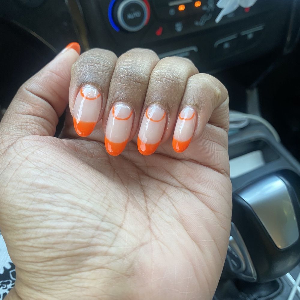 Dalila’s Nails & Spa - Hard gel manicure with bright orange French tip designs (free hand) - Nail Salons Near Me - Riverside, California Dalila’s Nails & Spa - Hard gel manicure with bright orange French tip designs (free hand) - Nail Salons Near Me - Riverside, California