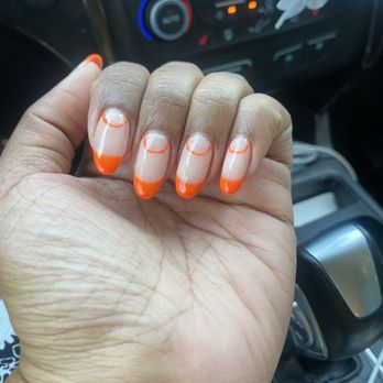 Dalila’s Nails & Spa - Hard gel manicure with bright orange French tip designs (free hand) - Nail Salons Near Me - Riverside, California Dalila’s Nails & Spa - Hard gel manicure with bright orange French tip designs (free hand) - Nail Salons Near Me - Riverside, California