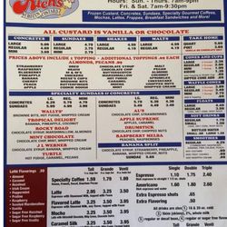 Rich's Frozen Custard - Menu i found online. Not sure how accurate the prices are.