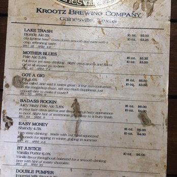 Krootz Brewing Company - Beer menu! Most of the beers are named after Wylie Hubbard songs except which ones?  (And a Dukes of Hazards reference!) - Brewpubs Near Me - Gainesville, Texas