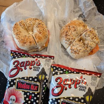 Brooklyn Bagel & Deli - Two Sliced Nova Sandwiches on everything bagels with plain cream cheese and Zapp's Voodoo potato chips. $14.99 per. $38.12 after tax, tip. - Bagels Near Me - Atlanta, Georgia