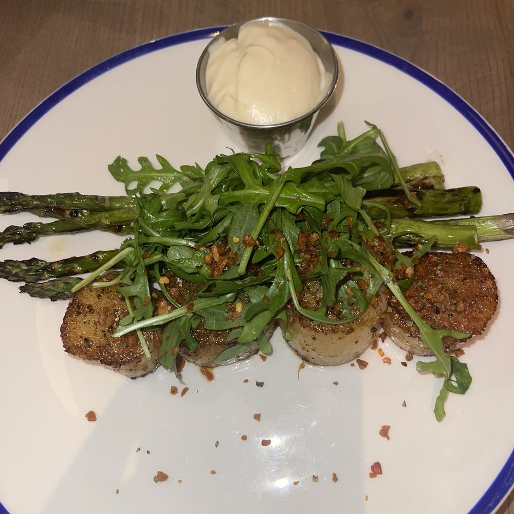 The Salt Line - Ballston - Scallops entree (the asparagus and fried garlic were superb) - Seafood Near Me - Arlington, Virginia The Salt Line - Ballston - Scallops entree (the asparagus and fried garlic were superb) - Seafood Near Me - Arlington, Virginia