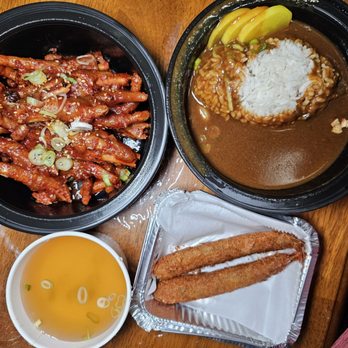 Yupdduk Flushing - Tong Dakbal (Chicken Feet), Basic Curry Rice with a side of Shrimp Tempura, Complimentary Soup - Korean Near Me - Flushing, New York Yupdduk Flushing - Tong Dakbal (Chicken Feet), Basic Curry Rice with a side of Shrimp Tempura, Complimentary Soup - Korean Near Me - Flushing, New York