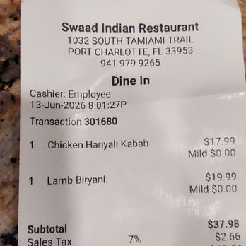Swaad India Restaurant - Receipt - Indian Near Me - Port Charlotte, Florida Swaad India Restaurant - Receipt - Indian Near Me - Port Charlotte, Florida