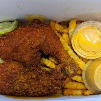 Main Chick Hot Chicken - Combo 5 (2 leg quarters, bun, fries, pickles, 2 mc sauce) "medium" spice level - Chicken Shop Near Me - Pasadena, California