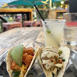 Banditos Bar & Kitchen White Marsh - Yummy 78044Sriracha Honey Tofu Taco and 78014Avocado Taco, with a ginger beer on the patio