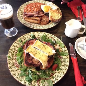 Stage Door Café - Full Irish breakfast at top, open faced Brie, ham/bacon, and tomato sandwich with tea and Irish coffee - Coffee & Tea Near Me - Dublin, D Stage Door Café - Full Irish breakfast at top, open faced Brie, ham/bacon, and tomato sandwich with tea and Irish coffee - Coffee & Tea Near Me - Dublin, D