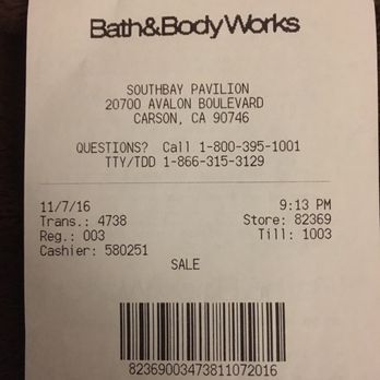 Bath & Body Works - my receipt, to prove i went ther - Cosmetics & Beauty Supply Near Me - Carson, California Bath & Body Works - my receipt, to prove i went ther - Cosmetics & Beauty Supply Near Me - Carson, California