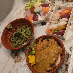 Keisen-Don, Matcha Soba, Chicken Curry Katsu, Assorted sushi set Keisen-Don, Matcha Soba, Chicken Curry Katsu, Assorted sushi set