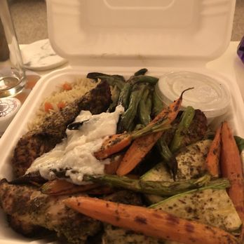 Gorgeous George's Mediterranean Kitchen - Shish Tawook with grilled veggies, side of Tzatziki - Middle Eastern Near Me - Seattle, Washington Gorgeous George's Mediterranean Kitchen - Shish Tawook with grilled veggies, side of Tzatziki - Middle Eastern Near Me - Seattle, Washington