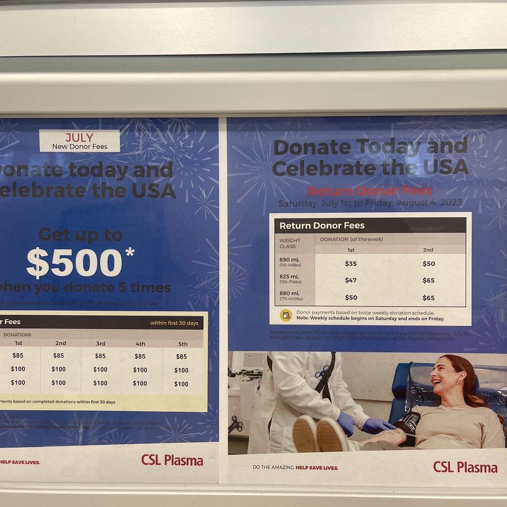 CSL Plasma - Pay rates as of Aug 1st 2023 - Blood & Plasma Donation Centers Near Me - Taylor, Pennsylvania