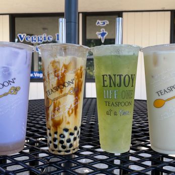 Teaspoon - (left to right) taro lover, caramel cream, grasshopper, liquid gold     don't forget your reusable straws! - Desserts Near Me - Hayward, California