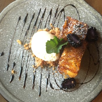 First & Oak - Pain Peru with balsamic glaze and marinated black berries and milk sorbet, $19. - New American Near Me - Solvang, California