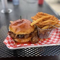 Bobber on The Lake - Brisket sandwich and beer battered fries.