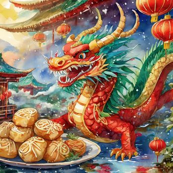 Potstickers - a painting of a dragon with a plate of pastries - Chinese Near Me - New Palestine, Indiana Potstickers - a painting of a dragon with a plate of pastries - Chinese Near Me - New Palestine, Indiana