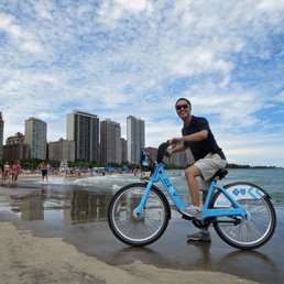 On my Divvy rental bike with Oak Street Beach (north) in background.