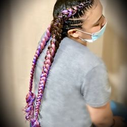 Dutch braids plus side feed ins, unicorn color extensions and curls.
