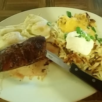 Elmer's Restaurant - Oregon Trail Steak & Eggs w/ 'the Works' hashbrowns (and green Tabasco) - Diners Near Me - Clackamas, Oregon Elmer's Restaurant - Oregon Trail Steak & Eggs w/ 'the Works' hashbrowns (and green Tabasco) - Diners Near Me - Clackamas, Oregon