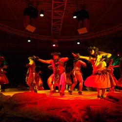 Luau Kalamaku - Hula dancers performing onstage at Luau Kalamaku, showcasing the graceful movement, vibrant costumes, and cultural storytelling.