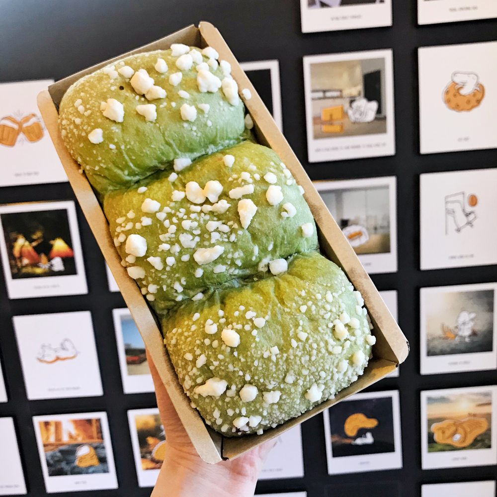 Matcha bun with red bean and mochi filling Matcha bun with red bean and mochi filling