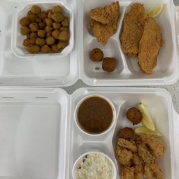 Everything was delicious! Catfish basket sub fries for okra. Shrimp basket sub fries for beans. Side of cole slaw. Everything was delicious! Catfish basket sub fries for okra. Shrimp basket sub fries for beans. Side of cole slaw.