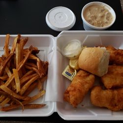 The Beer Cheese Bar and Grill - 4 piece fish fry carryout with fries and baked potato soup