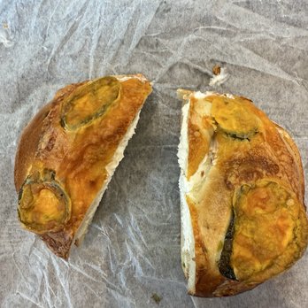 City Bagel Cafe - Jalapeño bagel with plain cream cheese - Bagels Near Me - Flemington, New Jersey City Bagel Cafe - Jalapeño bagel with plain cream cheese - Bagels Near Me - Flemington, New Jersey