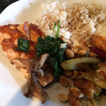 P.F. Chang's - Miso Glazed Salmon, brown rice, Kung Pao Chicken. Psi chicken was very spicy but good. You will need some water. - Chinese Near Me - Marlton, New Jersey P.F. Chang's - Miso Glazed Salmon, brown rice, Kung Pao Chicken. Psi chicken was very spicy but good. You will need some water. - Chinese Near Me - Marlton, New Jersey