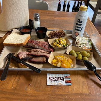 Schoepf's Bar-B-Que - Brisket (moist), Pork Ribs, Street Corn, Pinto Beans, Coleslaw, Olives and Peach Cobbler. - Barbeque Near Me - Belton, Texas Schoepf's Bar-B-Que - Brisket (moist), Pork Ribs, Street Corn, Pinto Beans, Coleslaw, Olives and Peach Cobbler. - Barbeque Near Me - Belton, Texas
