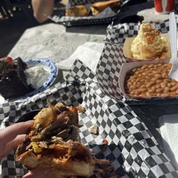 The Mill - Brisket sandwich, chocolate cake, baked beans, potato salad