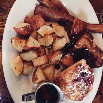 Americana - Half order of Crispy Blueberry Compote French Toast, side of Bacon and side of Potatoes - New American Near Me - Seattle, Washington