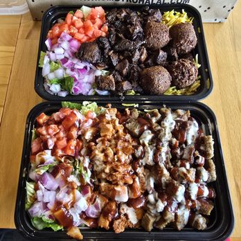 OMGYRO of Paramus - Jerk Chicken and Falafel Combo Platter (T); House Chicken and Lamb Combo Platter (B) - Halal Near Me - Paramus, New Jersey OMGYRO of Paramus - Jerk Chicken and Falafel Combo Platter (T); House Chicken and Lamb Combo Platter (B) - Halal Near Me - Paramus, New Jersey